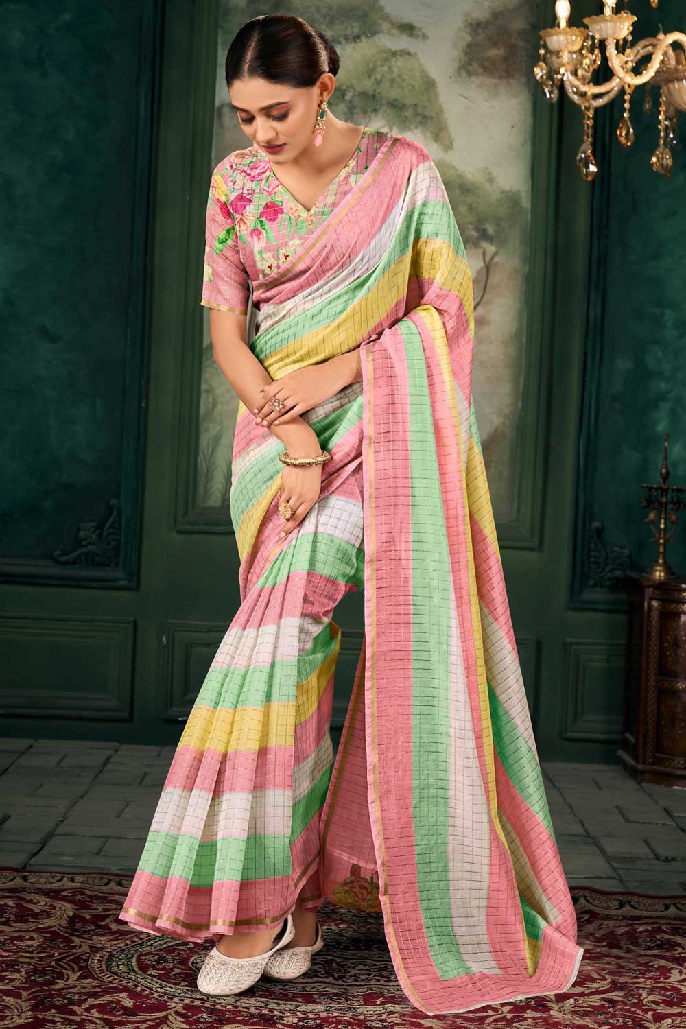 Soothing Multi Color Linen Fabric Zari Chex Pattern Saree With Floral Print Blouse | Buy Online India