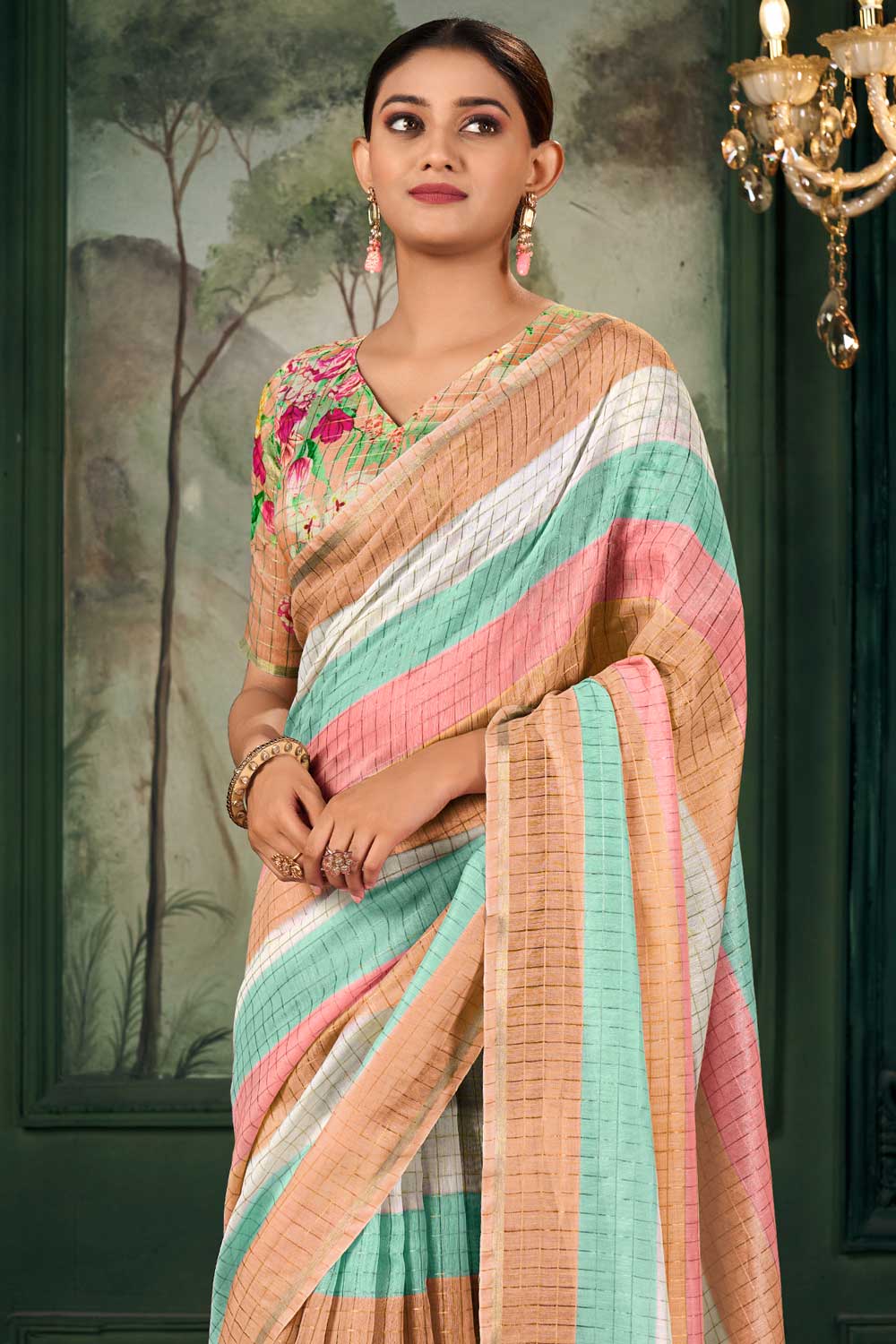 Linen Fabric Multi Color Gorgeous Zari Chex Pattern Saree With Floral Print Blouse | Buy Online India