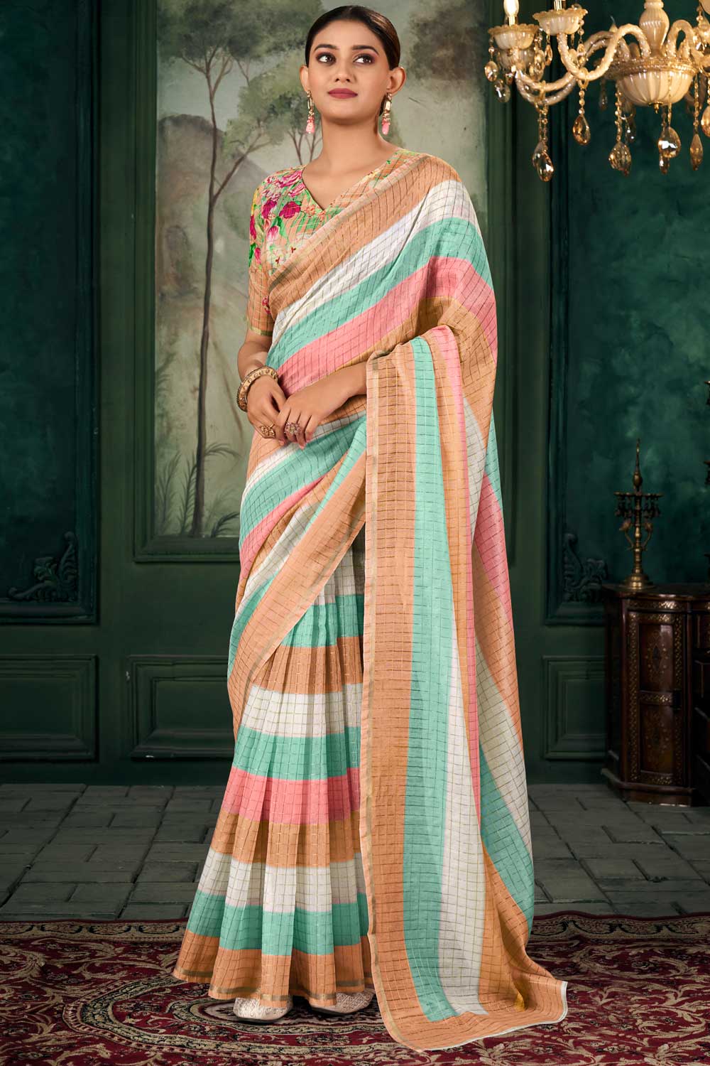 Linen Fabric Multi Color Gorgeous Zari Chex Pattern Saree With Floral Print Blouse | Buy Online India