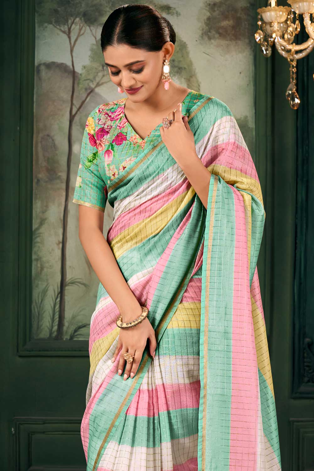 Graceful Linen Fabric Multi Color Zari Chex Pattern Saree With Floral Print Blouse | Buy Online India