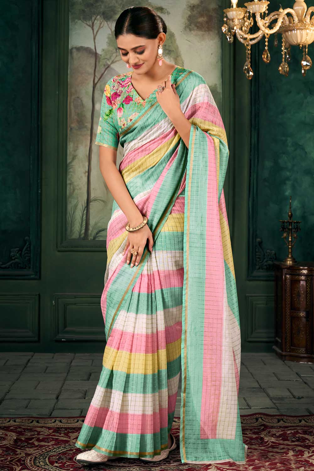 Graceful Linen Fabric Multi Color Zari Chex Pattern Saree With Floral Print Blouse | Buy Online India