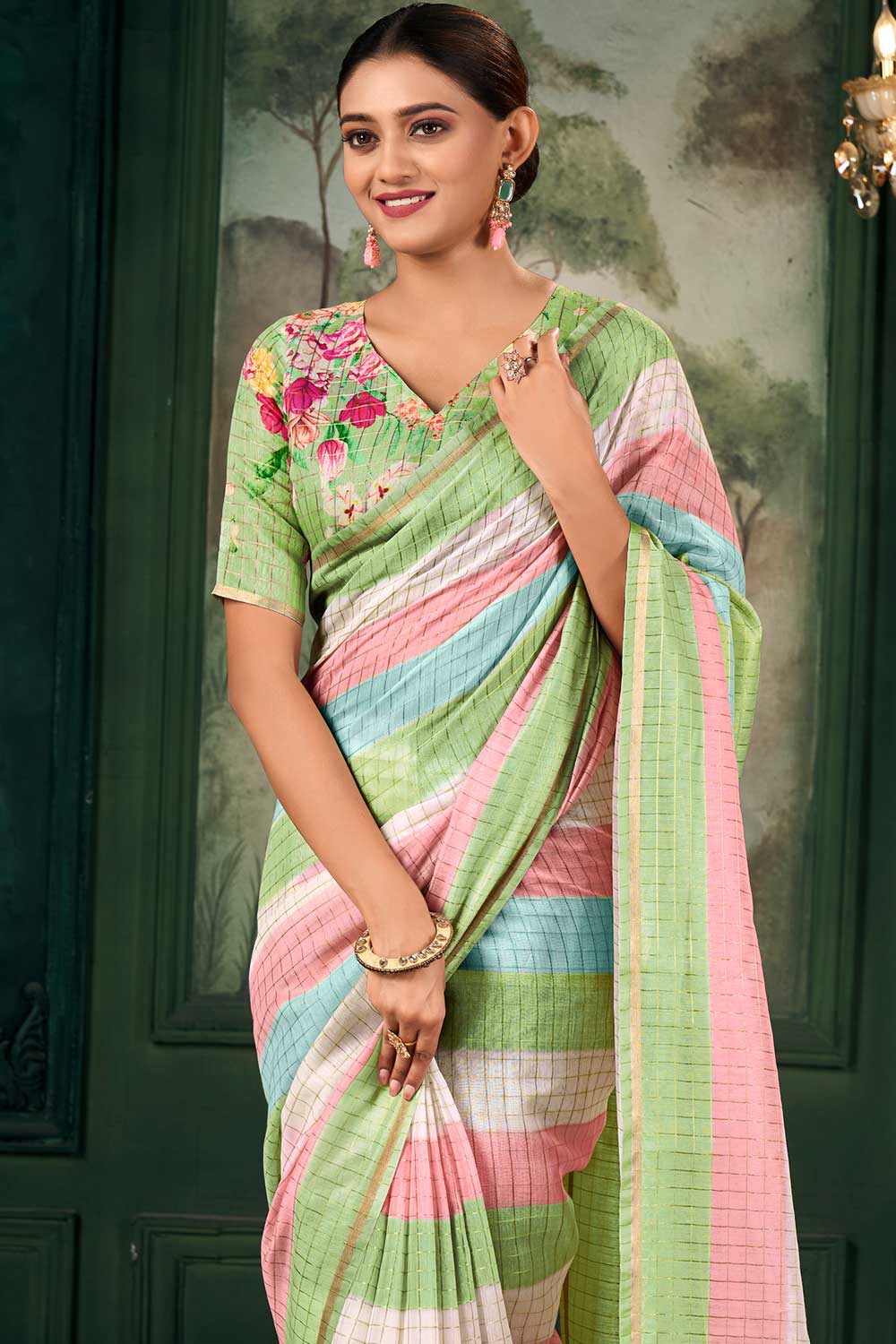 Engaging Multi Color Linen Fabric Zari Chex Pattern Saree With Floral Print Blouse | Buy Online India