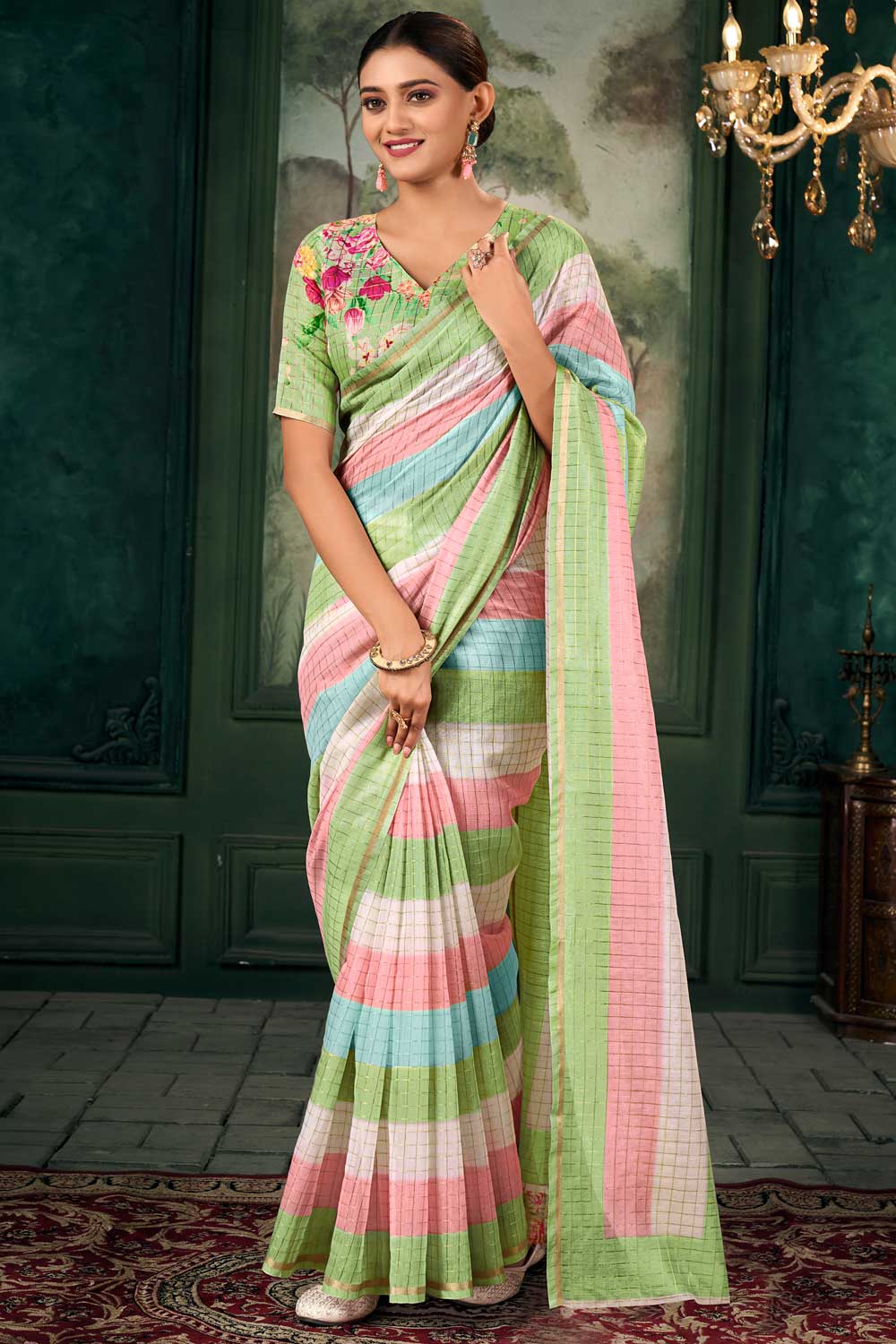 Engaging Multi Color Linen Fabric Zari Chex Pattern Saree With Floral Print Blouse | Buy Online India