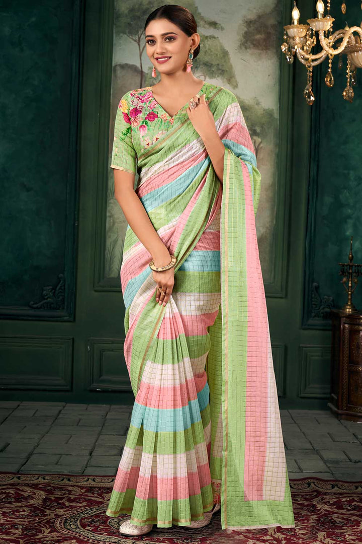 Engaging Multi Color Linen Fabric Zari Chex Pattern Saree With Floral Print Blouse | Buy Online India