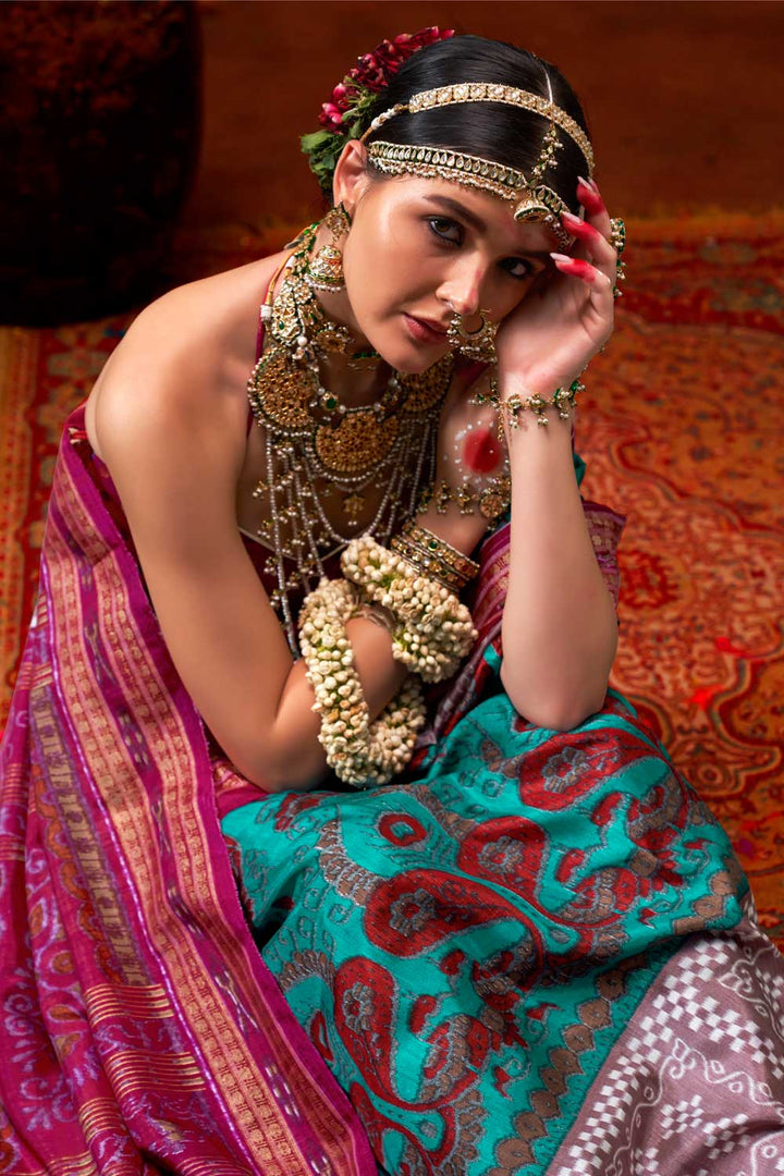 Art Silk Fabric Captivating Cyan Color Printed Saree | Buy Online India