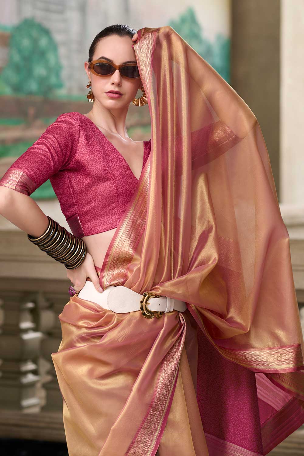 Weaving Work On Awesome Tissue Silk Fabric Saree In Peach Color | Buy Online India