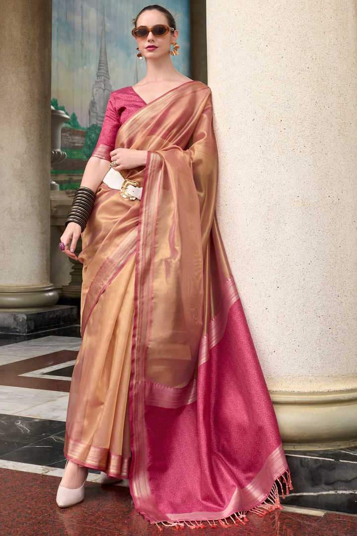 Weaving Work On Awesome Tissue Silk Fabric Saree In Peach Color | Buy Online India