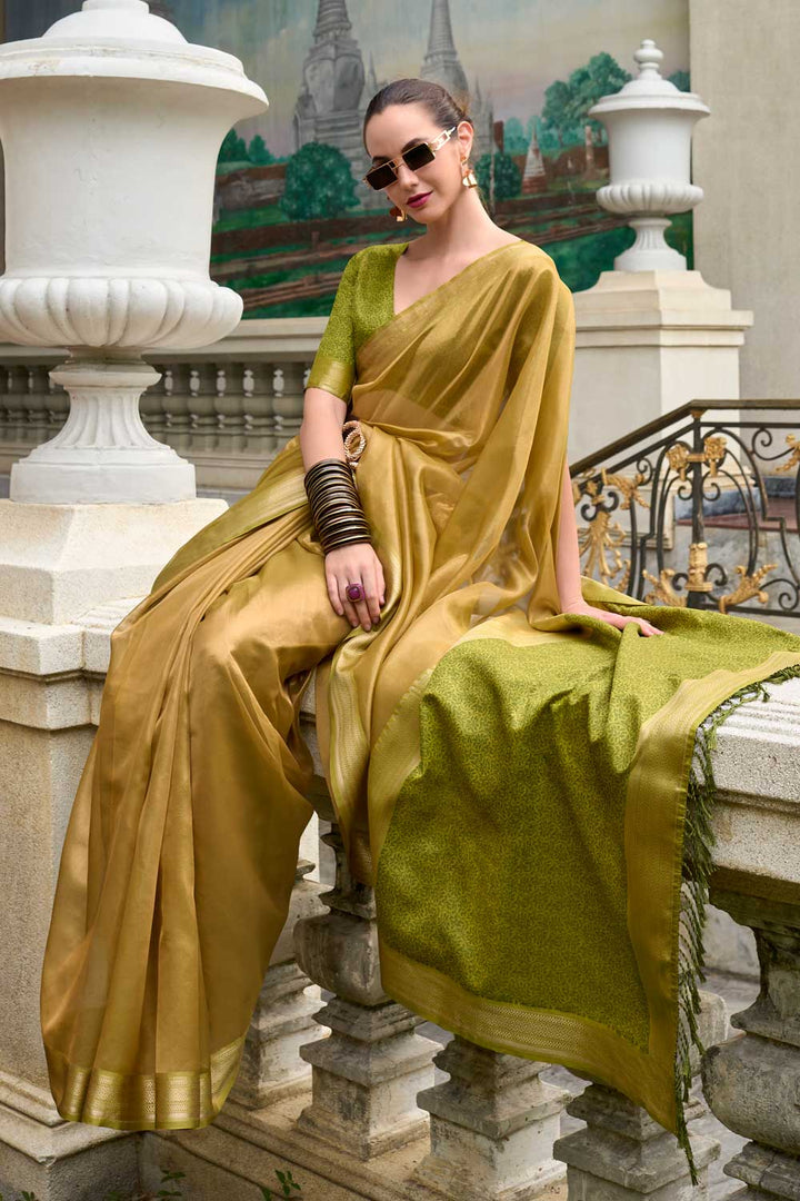 Mustard Color Fantastic Tissue Silk Fabric Saree With Weaving Work | Buy Online India