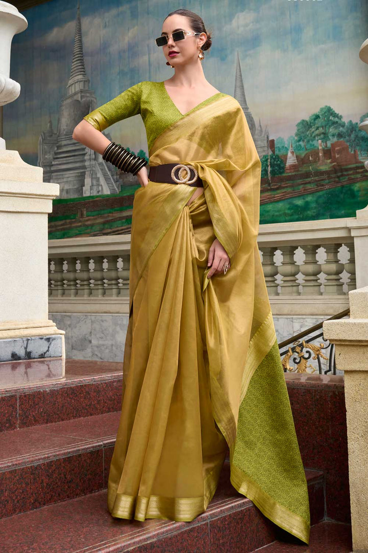 Mustard Color Fantastic Tissue Silk Fabric Saree With Weaving Work | Buy Online India