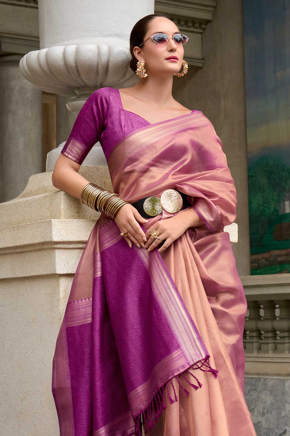 Appealing Weaving Work On Tissue Silk Fabric Saree In Pink Color | Buy Online India
