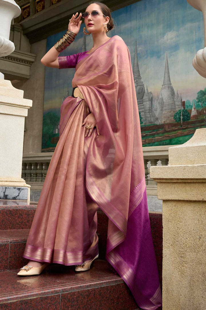 Appealing Weaving Work On Tissue Silk Fabric Saree In Pink Color | Buy Online India