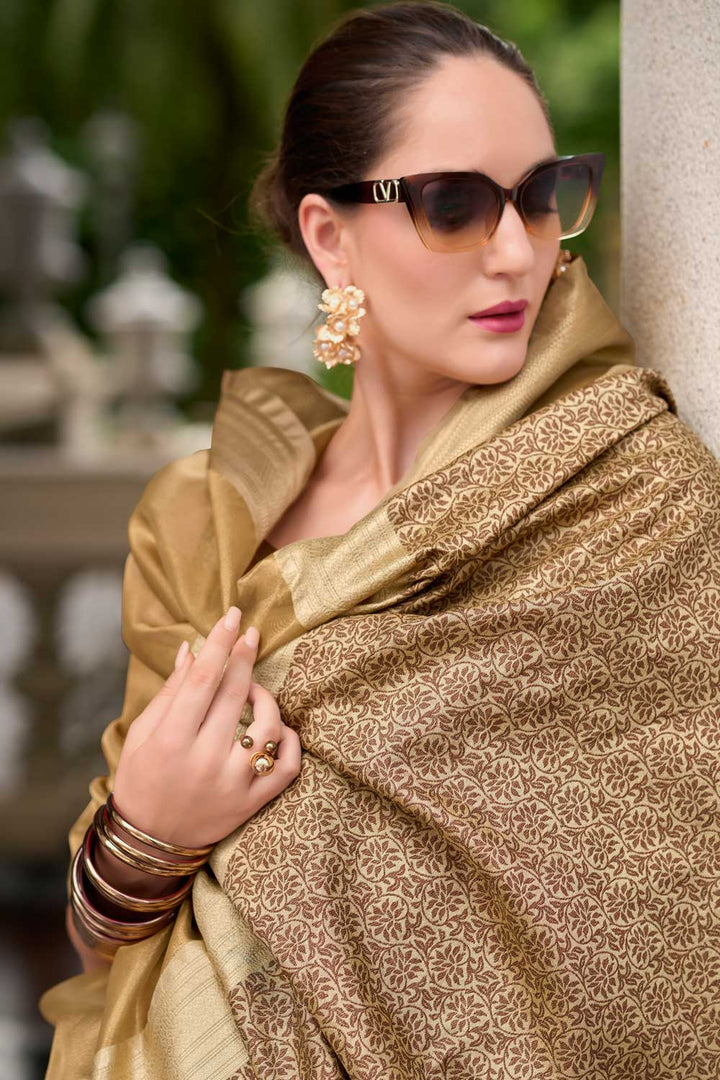 Weaving Work On Cream Color Aristocratic Tissue Silk Fabric Saree | Buy Online India