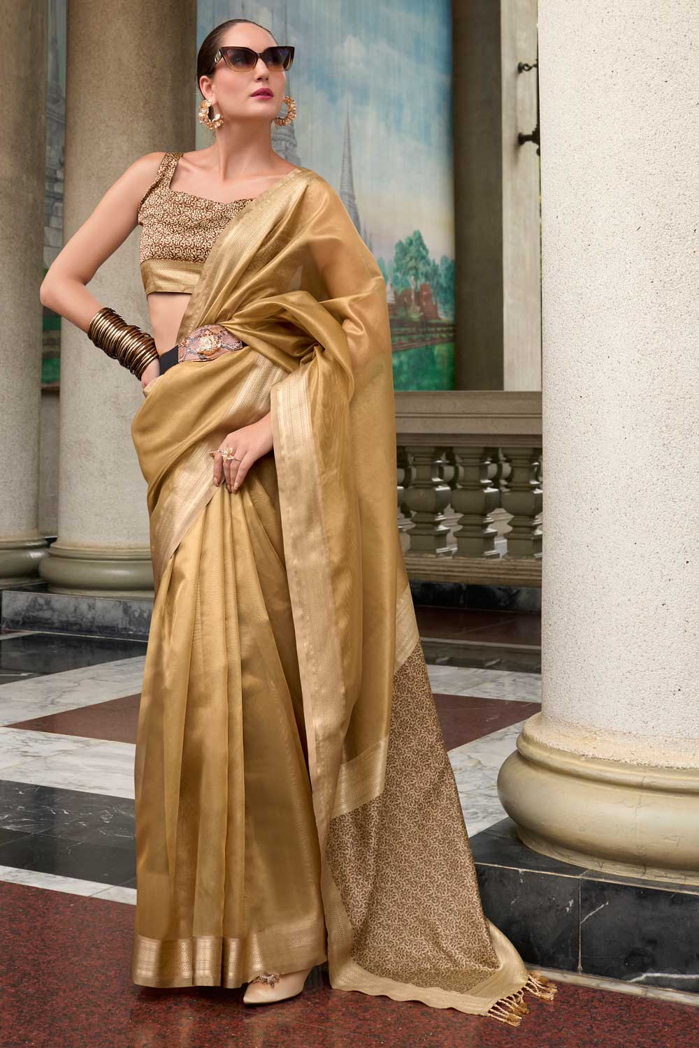 Weaving Work On Cream Color Aristocratic Tissue Silk Fabric Saree | Buy Online India