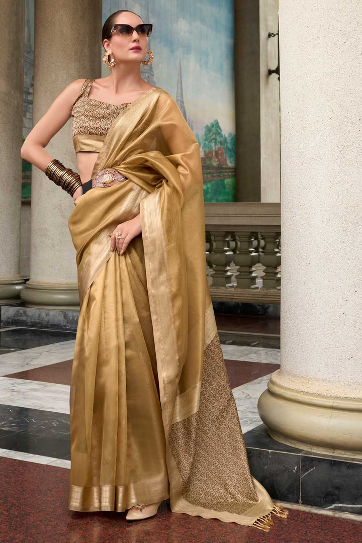 Weaving Work On Cream Color Aristocratic Tissue Silk Fabric Saree | Buy Online India