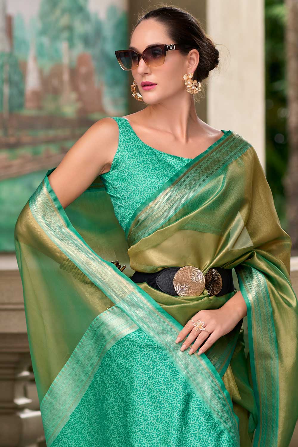 Imperial Cyan Color Tissue Silk Fabric Saree With Weaving Work | Buy Online India