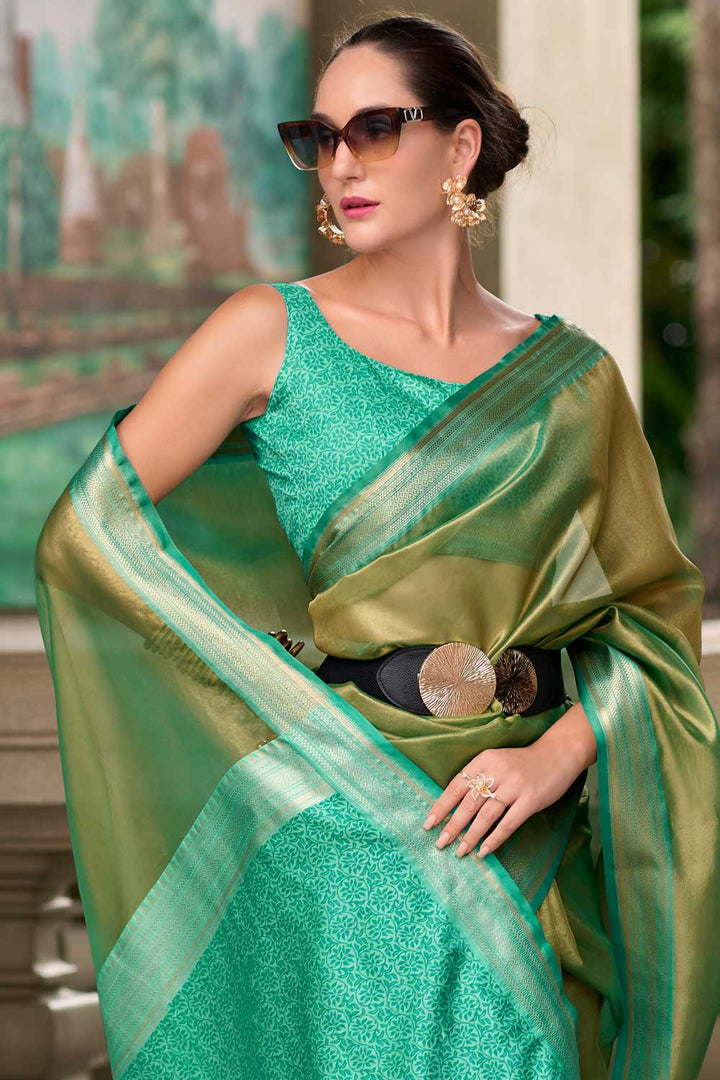 Imperial Cyan Color Tissue Silk Fabric Saree With Weaving Work | Buy Online India