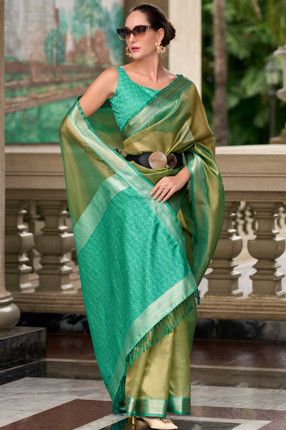 Imperial Cyan Color Tissue Silk Fabric Saree With Weaving Work | Buy Online India