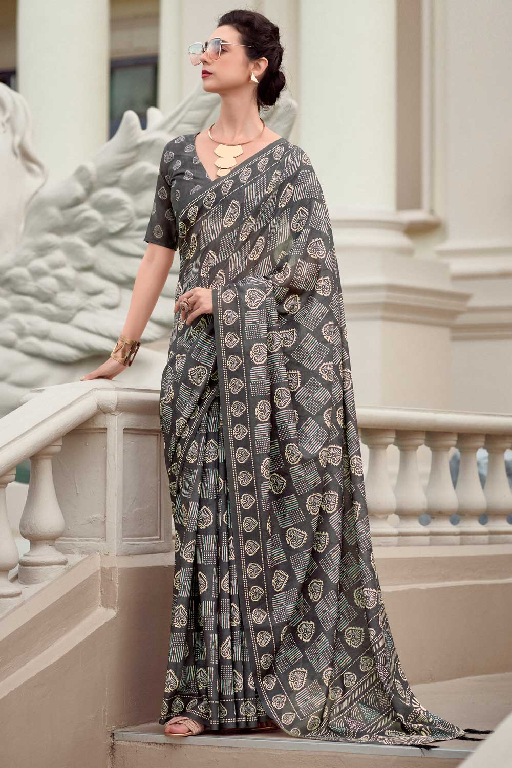 Beguiling Casual Wear Grey Color Art Silk Fabric Saree | Buy Online India