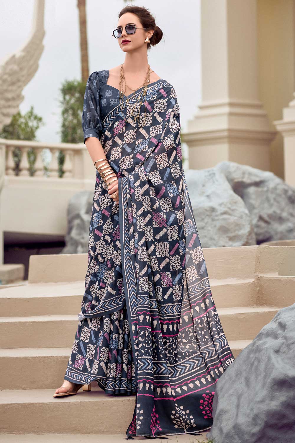 Engaging Navy Blue Color Art Silk Fabric Saree In Casual Wear | Buy Online India