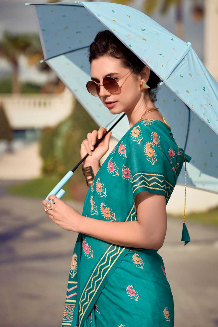 Amazing Teal Color Art Silk Fabric Saree In Casual Wear | Buy Online India