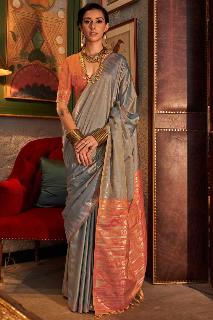 Grey Color Pleasant Handloom Weaving Silk Saree | Buy Online India