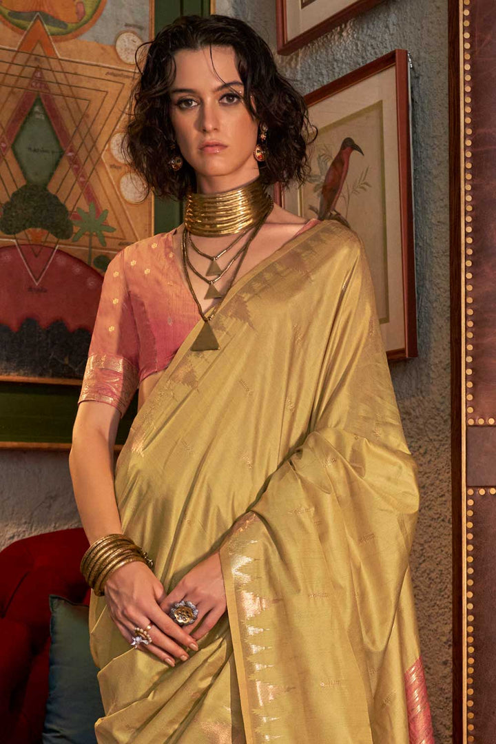 Beige Color Brilliant Handloom Weaving Silk Saree | Buy Online India