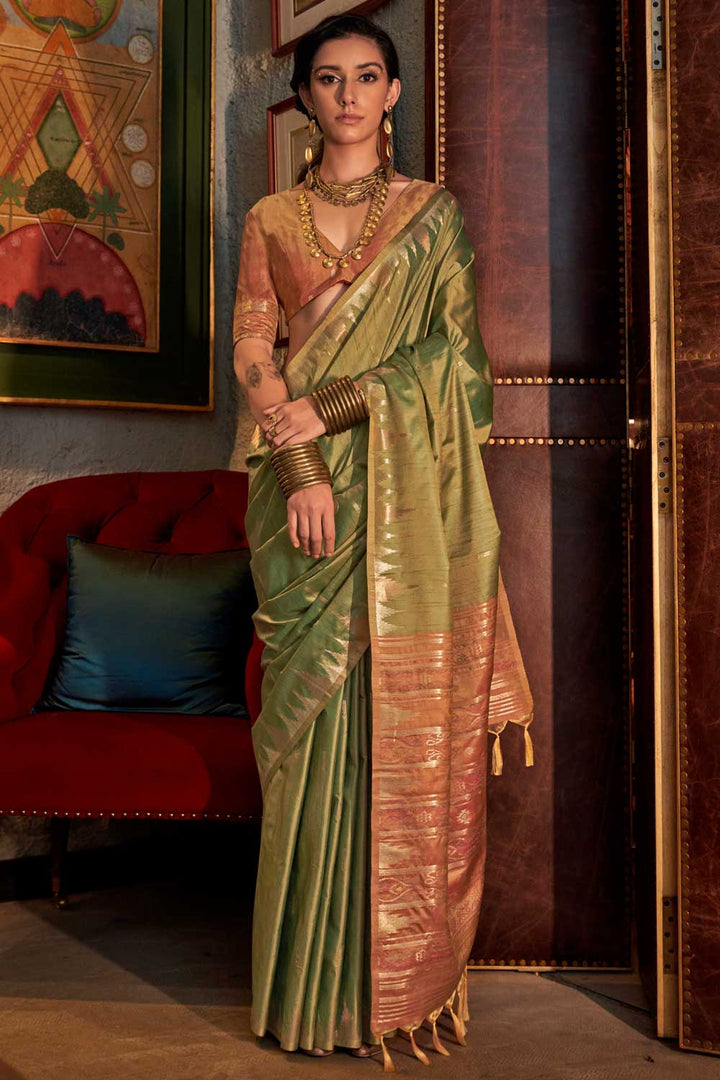 Imposing Handloom Weaving Silk Saree In Sea Green Color | Buy Online India