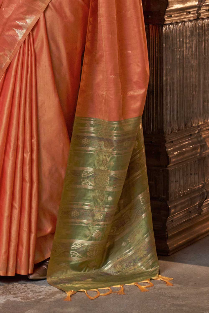 Soothing Handloom Weaving Silk Saree In Peach Color | Buy Online India