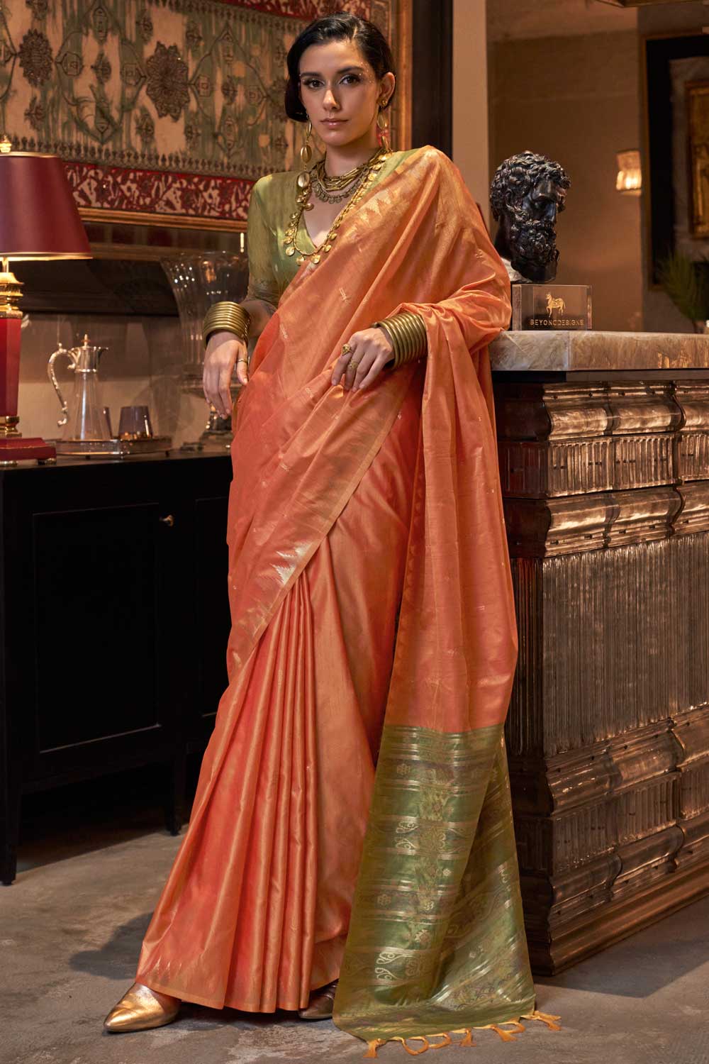 Soothing Handloom Weaving Silk Saree In Peach Color | Buy Online India