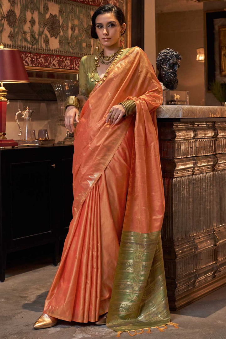 Soothing Handloom Weaving Silk Saree In Peach Color | Buy Online India