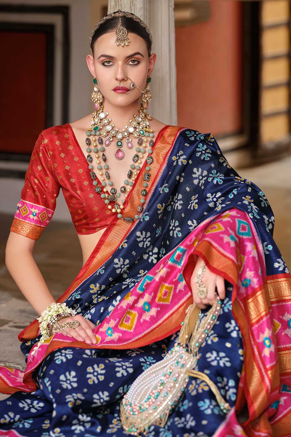 Imposing Art Silk Printed Saree In Navy Blue Color | Buy Online India