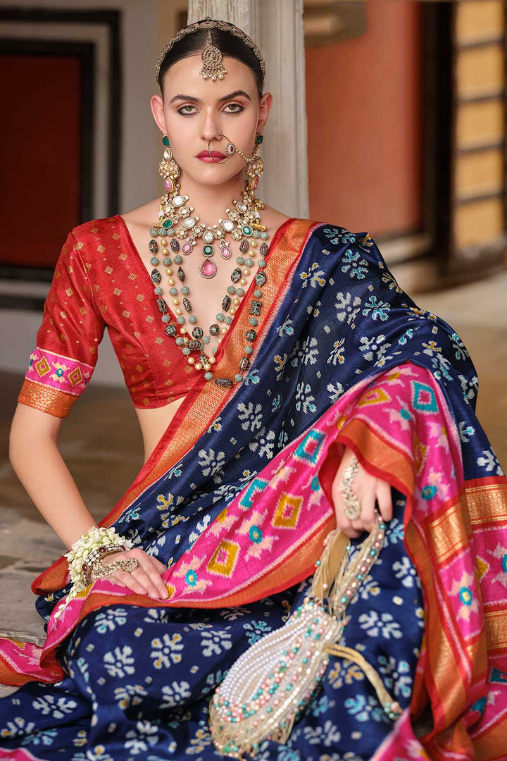 Imposing Art Silk Printed Saree In Navy Blue Color | Buy Online India