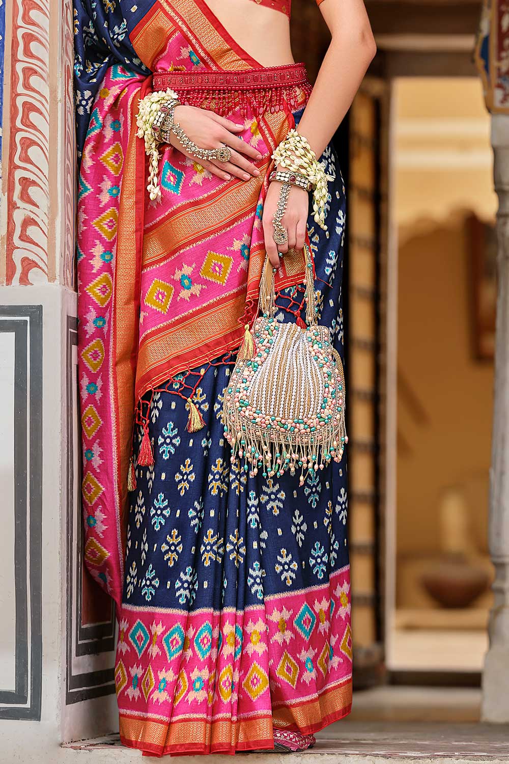 Imposing Art Silk Printed Saree In Navy Blue Color | Buy Online India