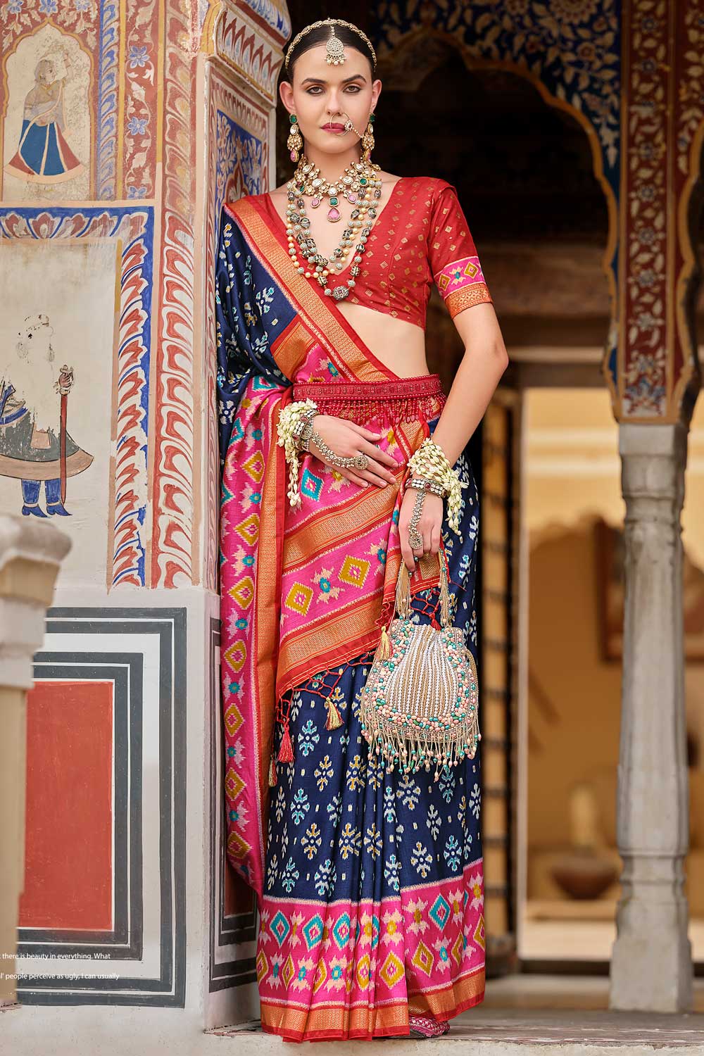 Imposing Art Silk Printed Saree In Navy Blue Color | Buy Online India