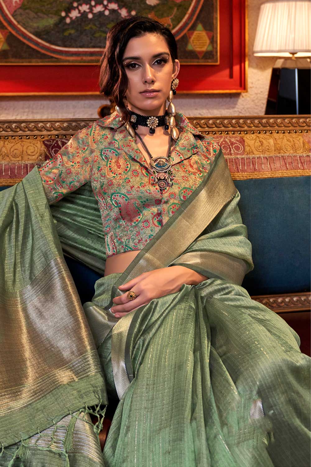 Green Color Glorious Chiffon Saree With Weaving Work | Buy Online India