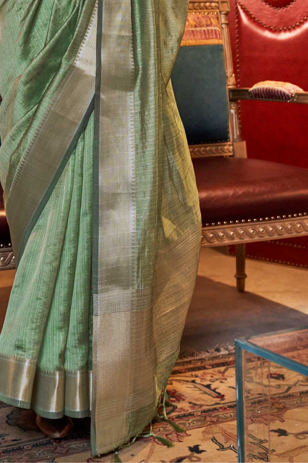 Green Color Glorious Chiffon Saree With Weaving Work | Buy Online India