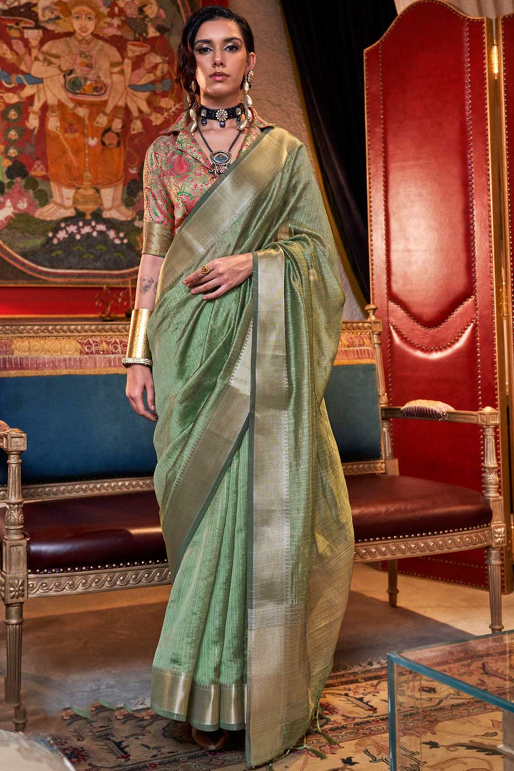 Green Color Glorious Chiffon Saree With Weaving Work | Buy Online India