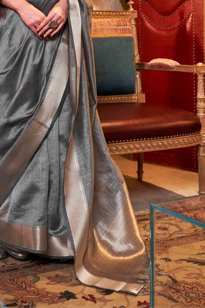 Delicate Grey Color Weaving Work Chiffon Saree | Buy Online India