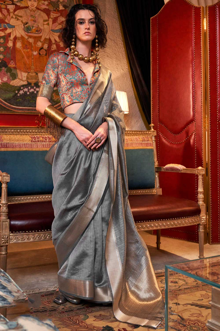 Delicate Grey Color Weaving Work Chiffon Saree | Buy Online India