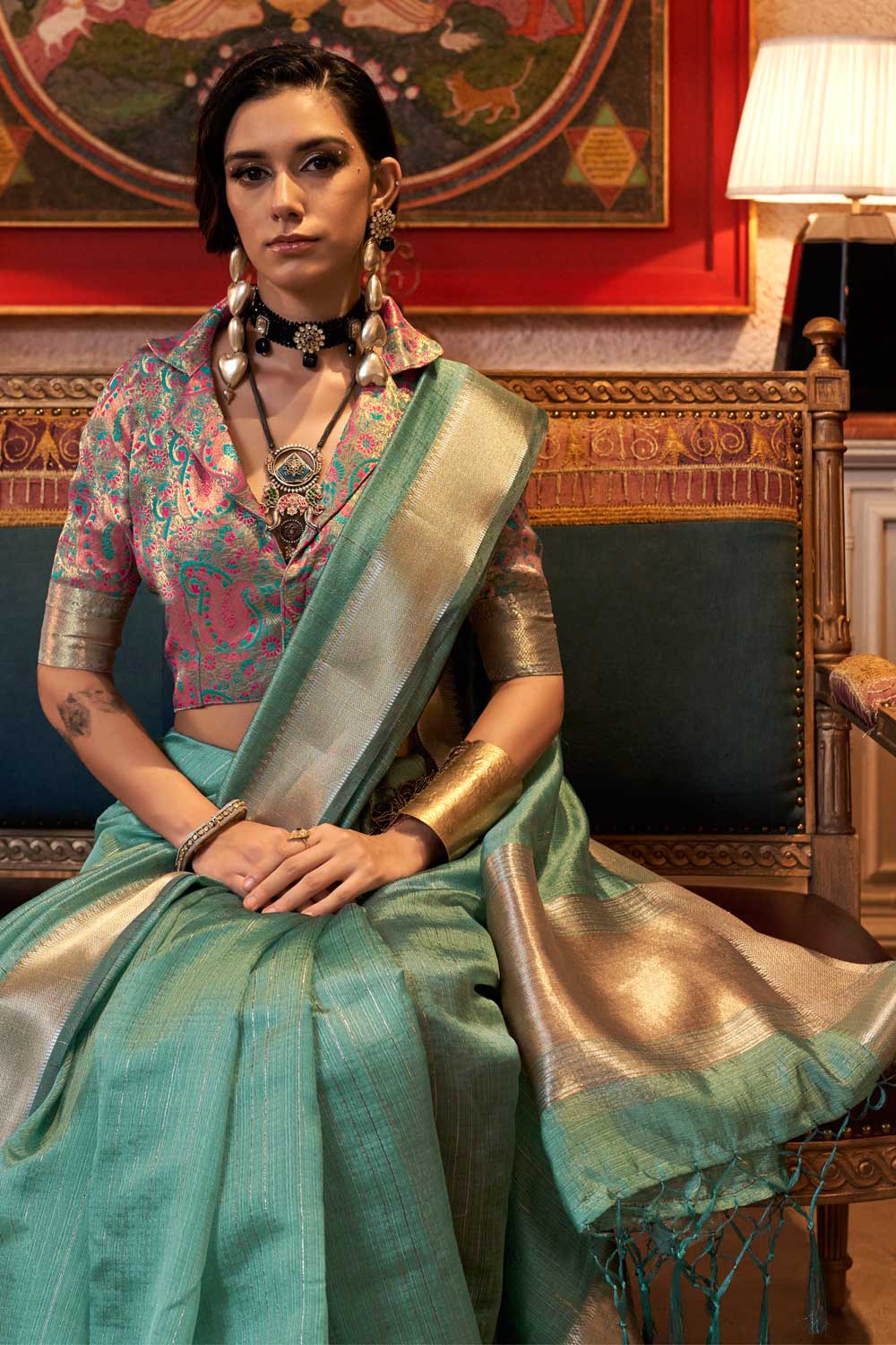 Sea Green Color Weaving Work Glamorous Chiffon Saree | Buy Online India