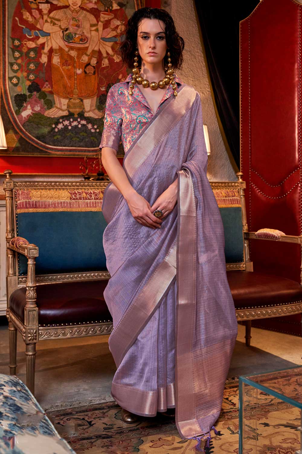 Weaving Work Attractive Chiffon Saree In Lavender Color | Buy Online India