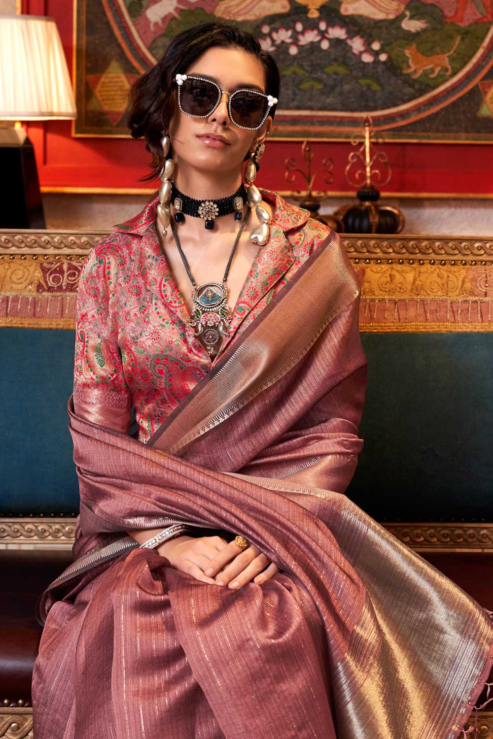 Alluring Peach Color Weaving Work Chiffon Saree | Buy Online India
