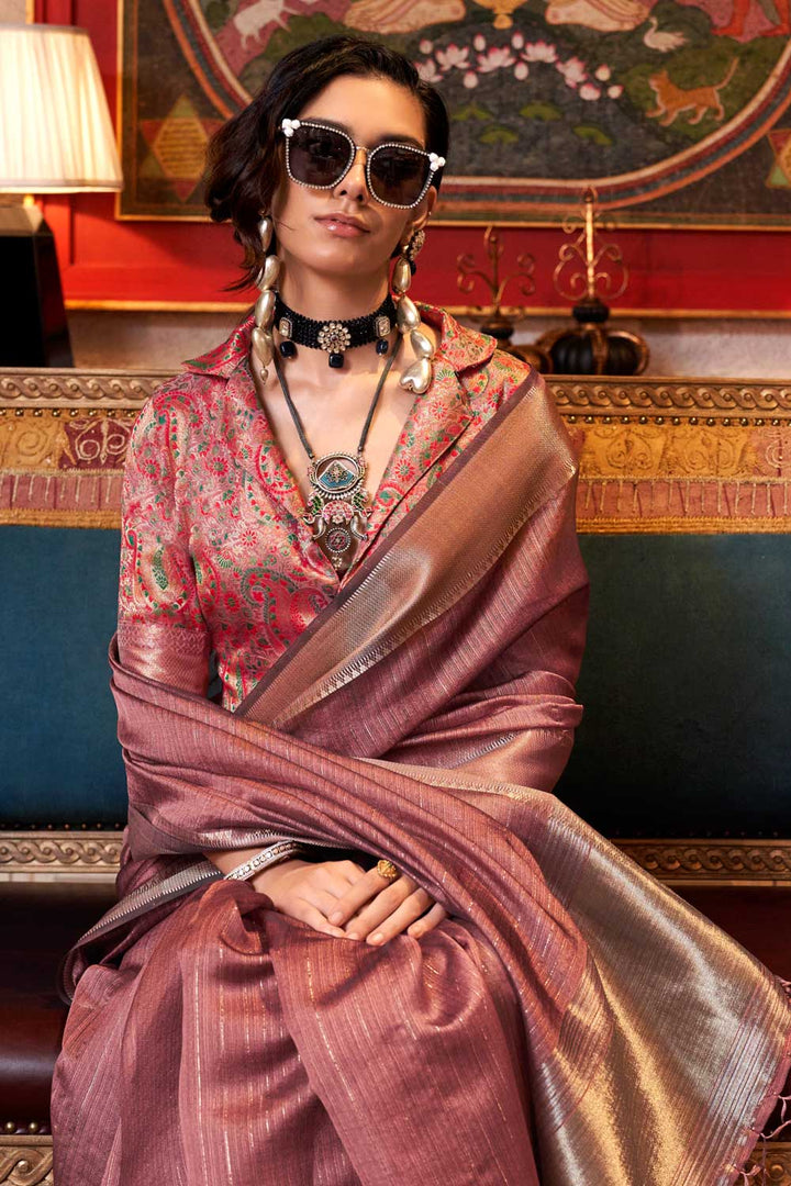 Alluring Peach Color Weaving Work Chiffon Saree | Buy Online India