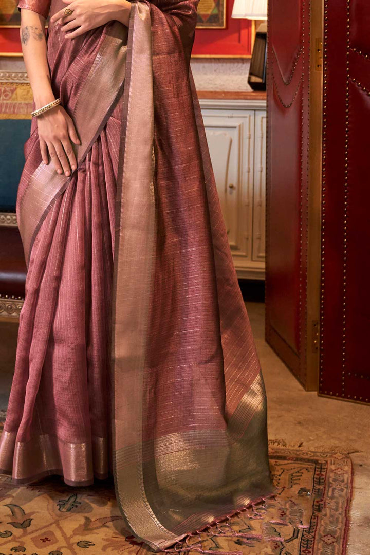 Alluring Peach Color Weaving Work Chiffon Saree | Buy Online India
