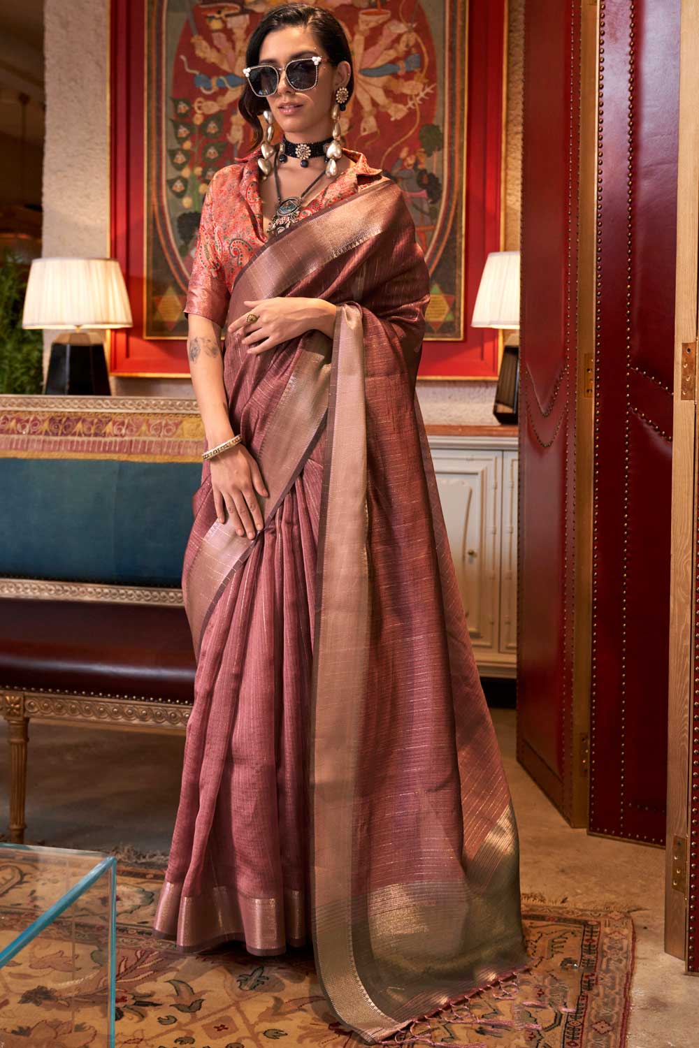 Alluring Peach Color Weaving Work Chiffon Saree | Buy Online India