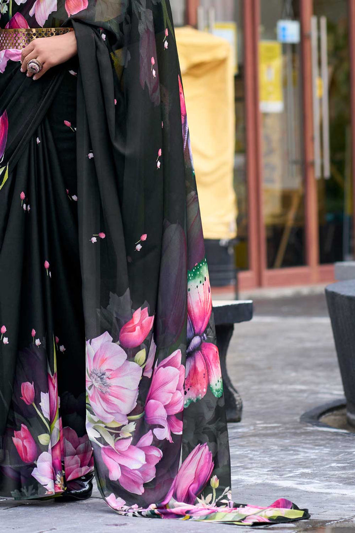 Beatific Floral Printed Saree In Black Georgette Fabric | Buy Online India