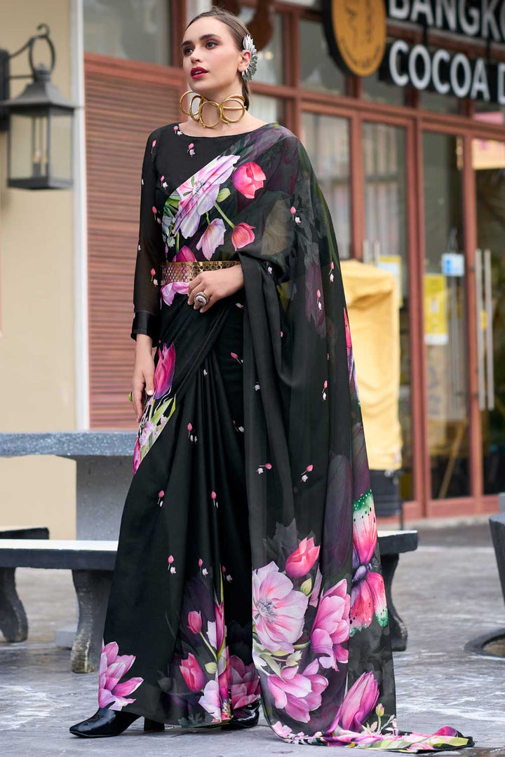Beatific Floral Printed Saree In Black Georgette Fabric | Buy Online India