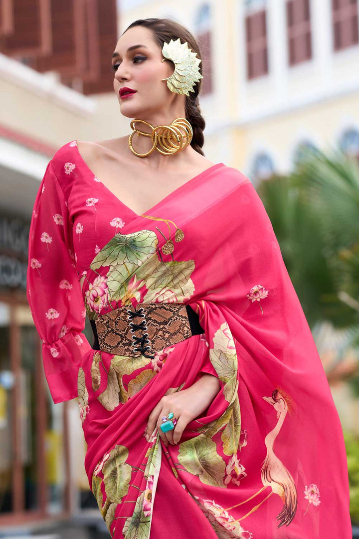 Fabulous Floral Printed Saree in Pink Georgette Fabric | Buy Online India