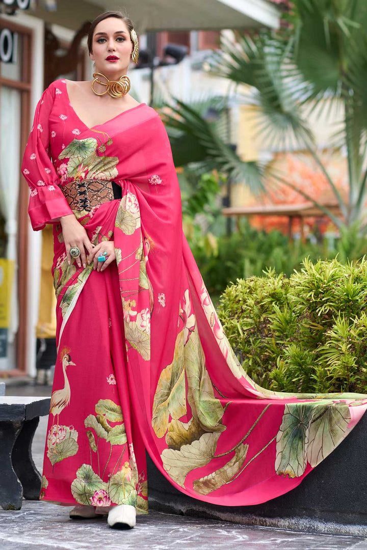Fabulous Floral Printed Saree in Pink Georgette Fabric | Buy Online India