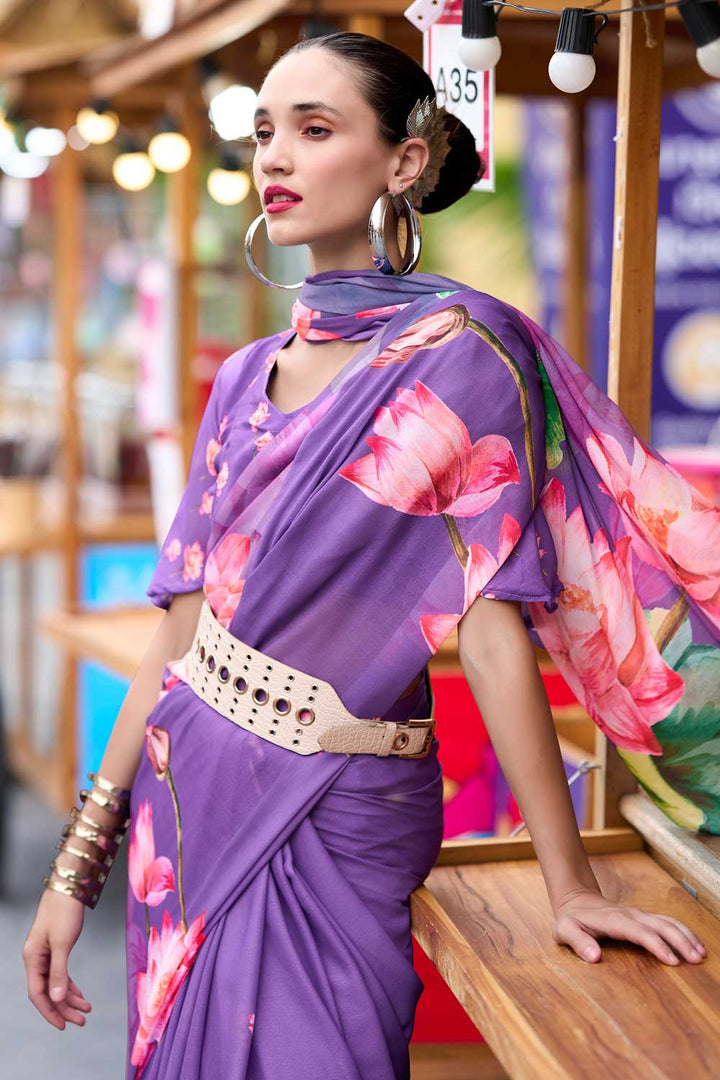 Captivating Purple Floral Printed Saree In Georgette Fabric | Buy Online India